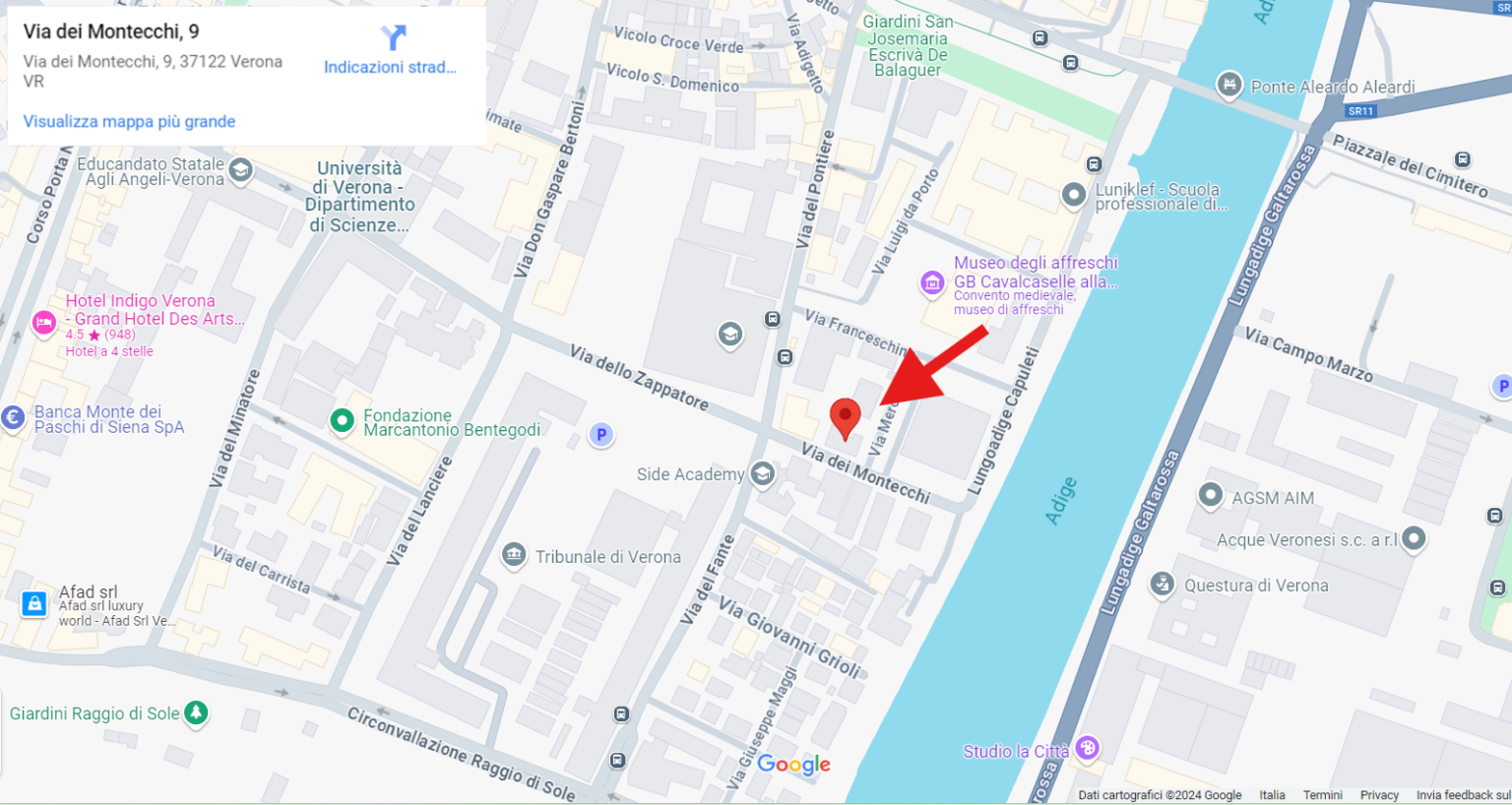 Mappa dello Studio Legale Associato Bembo Pettoello Tosetto Via dei Montecchi n. 9 37122 Verona